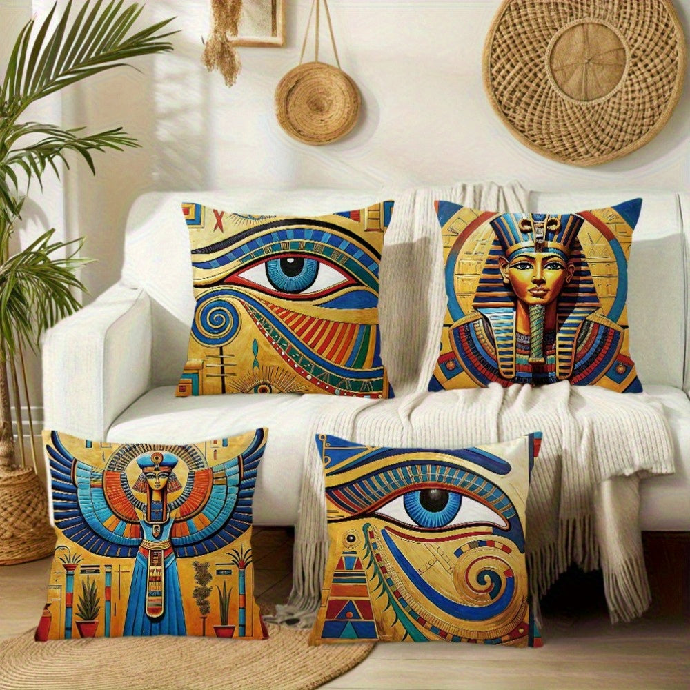 4pcs Egyptian-Themed Decorative Pillow Covers - Double-Sided Printed Polyester with Zipper Closure, Vibrant Ancient Art Designs (Eyes of Horus, Tutankhamun) for Living Room, Bedroom & Sofa Decor - Machine Washable, Pillow Covers for Living Room, Bedroom