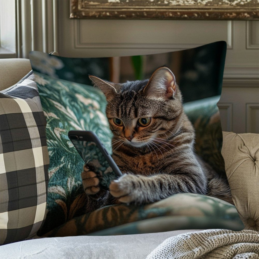 1pc Bohemian Style Dual-Sided Printed Pillowcase - Cute Cat Holding Smartphone Design, Durable Polyester with Zipper Closure, Machine Washable for Bed, Sofa & Living Room Decor