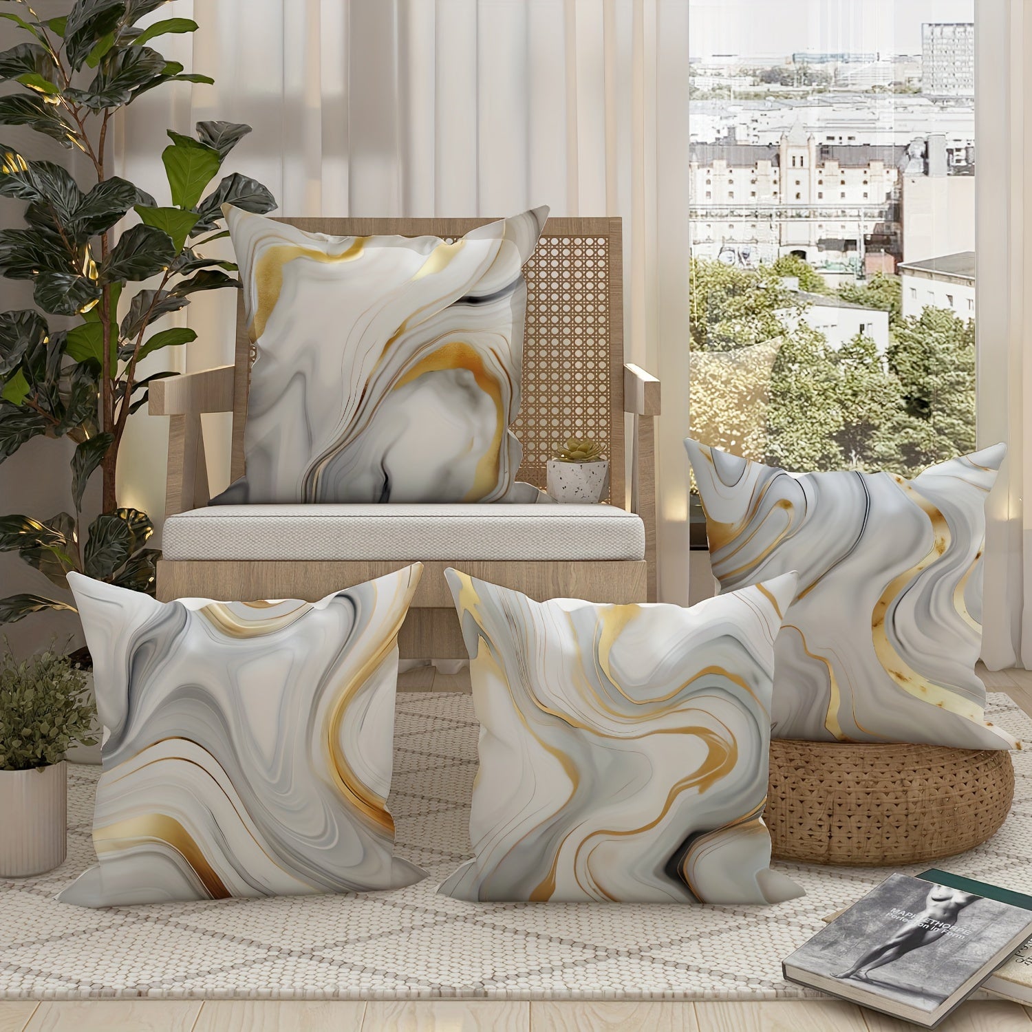 4pcs Modern Minimalist Marble Gray & Golden Throw Pillow Covers - Mid-Century Decor Cushion Covers, Elegant Marble Pattern in White, Gray, Golden - for Living Room, Bedroom, Sofa, Bed - Home Decor Accent Pillows (18x18 Inch/45x45cm) - Easy-Care Polyester