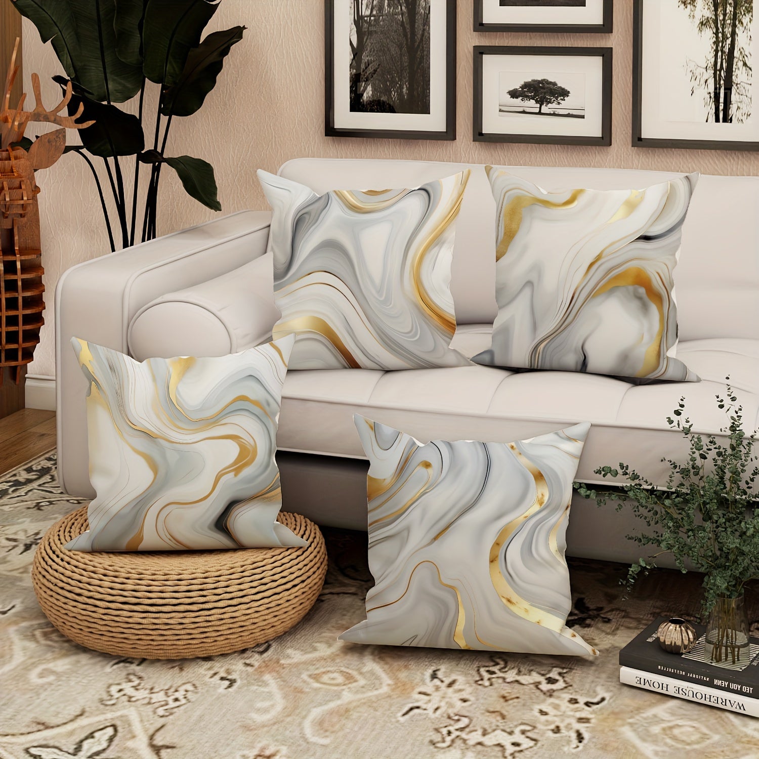 4pcs Modern Minimalist Marble Gray & Golden Throw Pillow Covers - Mid-Century Decor Cushion Covers, Elegant Marble Pattern in White, Gray, Golden - for Living Room, Bedroom, Sofa, Bed - Home Decor Accent Pillows (18x18 Inch/45x45cm) - Easy-Care Polyester