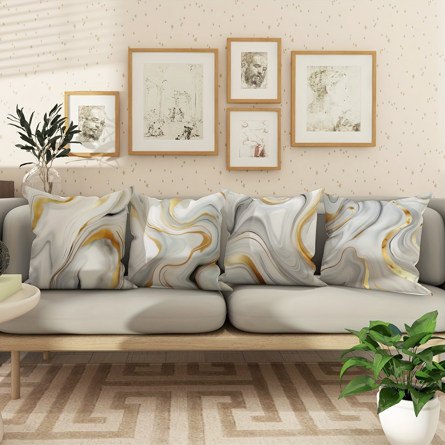 4pcs Modern Minimalist Marble Gray & Golden Throw Pillow Covers - Mid-Century Decor Cushion Covers, Elegant Marble Pattern in White, Gray, Golden - for Living Room, Bedroom, Sofa, Bed - Home Decor Accent Pillows (18x18 Inch/45x45cm) - Easy-Care Polyester