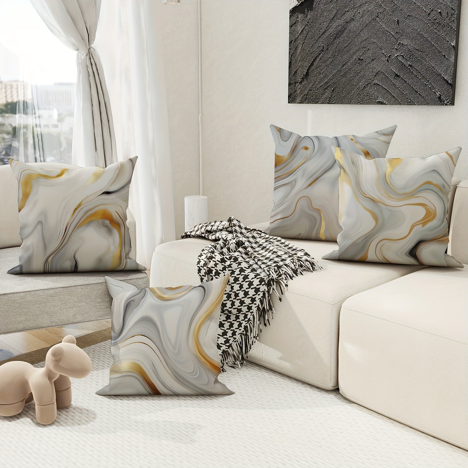 4pcs Modern Minimalist Marble Gray & Golden Throw Pillow Covers - Mid-Century Decor Cushion Covers, Elegant Marble Pattern in White, Gray, Golden - for Living Room, Bedroom, Sofa, Bed - Home Decor Accent Pillows (18x18 Inch/45x45cm) - Easy-Care Polyester