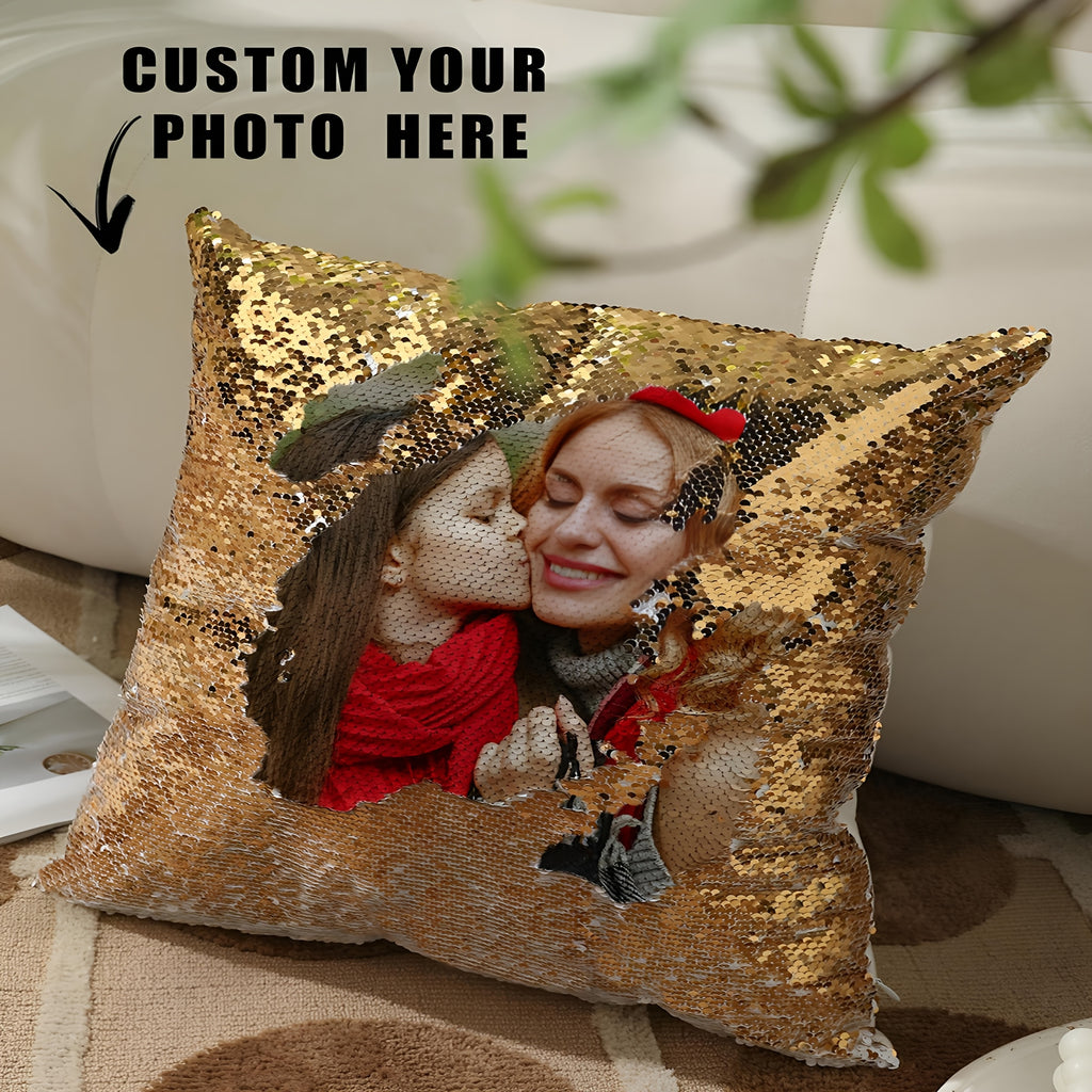1pc Custom Sequin Pillow Cover, Personalized Photo Sequin Cushion Cover, Custom Sequin Decorative Pillowcase, Photo Pillowcase, Sequin Pillowcase, Father'S Day Gift, Mother'S Day Gift, Living Room Sofa Decoration Pillowcase, Photography Pillowcase,
