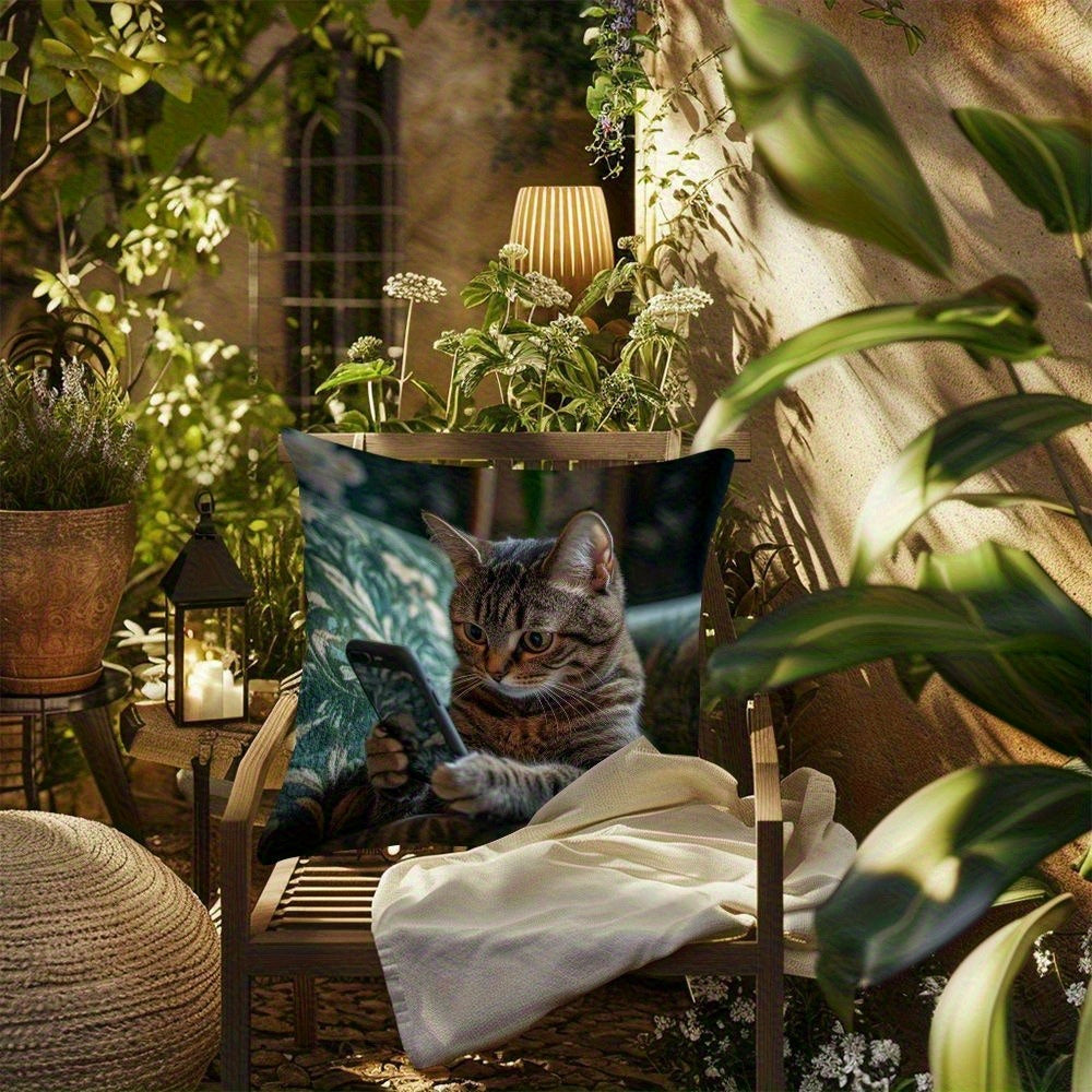 1pc Bohemian Style Dual-Sided Printed Pillowcase - Cute Cat Holding Smartphone Design, Durable Polyester with Zipper Closure, Machine Washable for Bed, Sofa & Living Room Decor