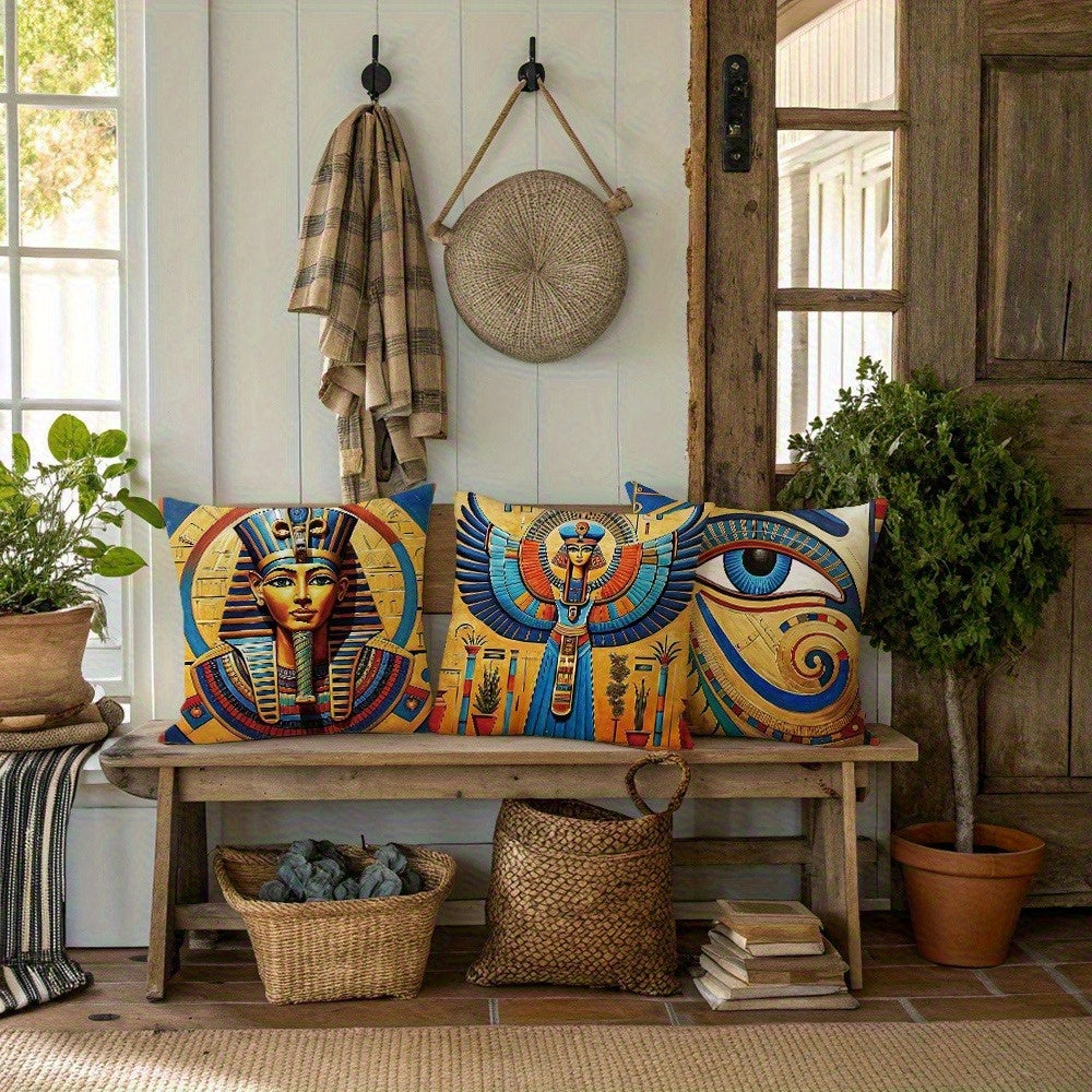 4pcs Egyptian-Themed Decorative Pillow Covers - Double-Sided Printed Polyester with Zipper Closure, Vibrant Ancient Art Designs (Eyes of Horus, Tutankhamun) for Living Room, Bedroom & Sofa Decor - Machine Washable, Pillow Covers for Living Room, Bedroom