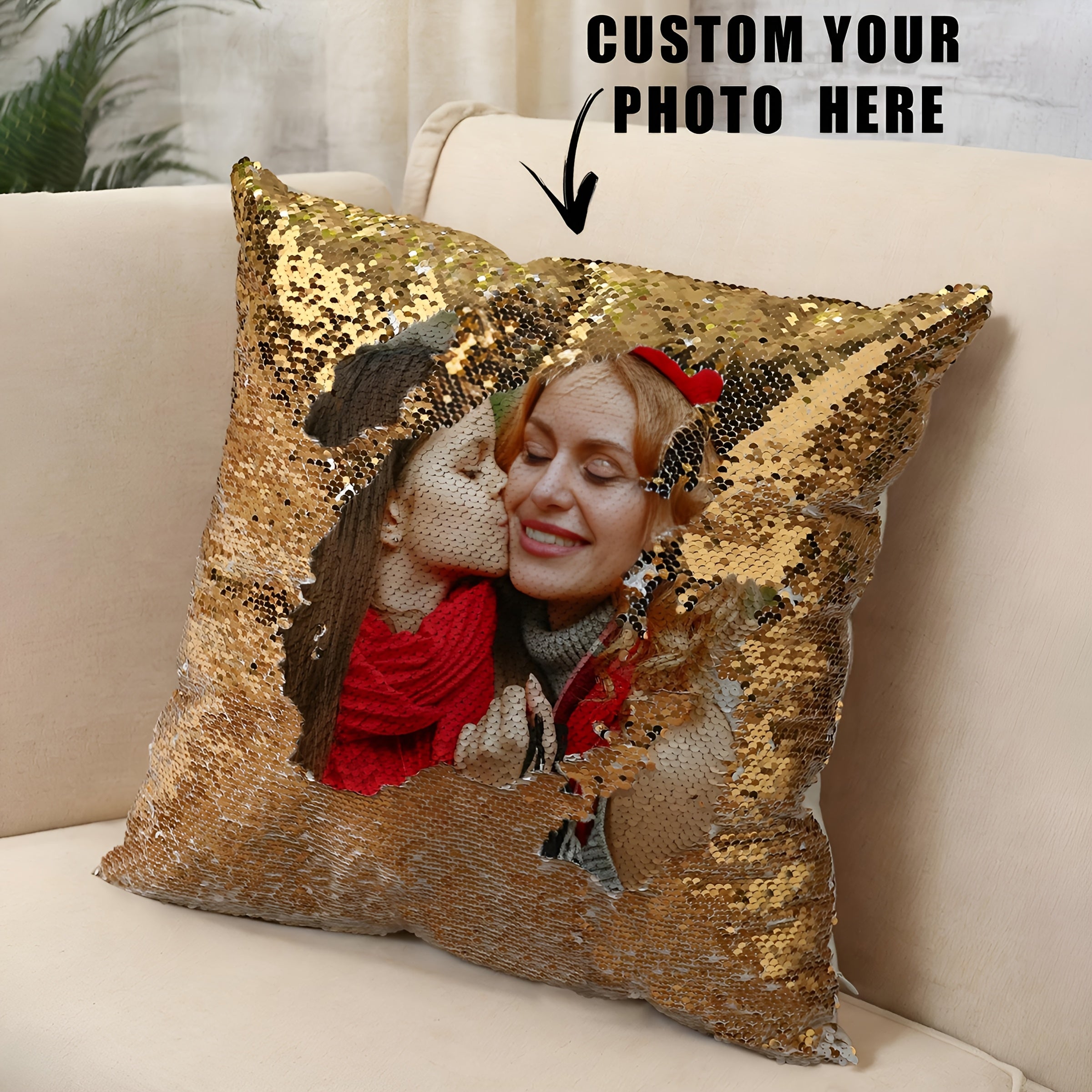 1pc Custom Sequin Pillow Cover, Personalized Photo Sequin Cushion Cover, Custom Sequin Decorative Pillowcase, Photo Pillowcase, Sequin Pillowcase, Father'S Day Gift, Mother'S Day Gift, Living Room Sofa Decoration Pillowcase, Photography Pillowcase,