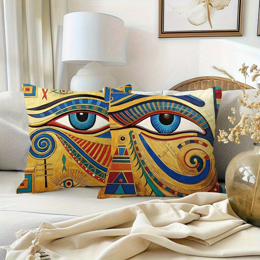 4pcs Egyptian-Themed Decorative Pillow Covers - Double-Sided Printed Polyester with Zipper Closure, Vibrant Ancient Art Designs (Eyes of Horus, Tutankhamun) for Living Room, Bedroom & Sofa Decor - Machine Washable, Pillow Covers for Living Room, Bedroom