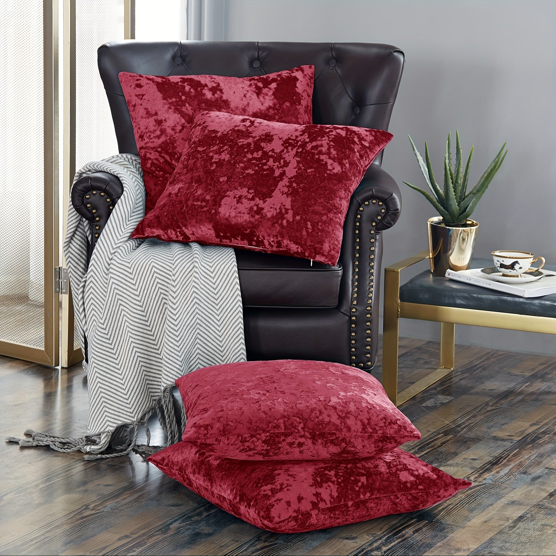 4pcs Crushed Velvet Fuzzy Soft Decorative Throw Pillow Covers Set With Double Sided (NO INSERT), Stylish Cushion Cover For Sofa Couch Chair Living Room Bedroom Decor