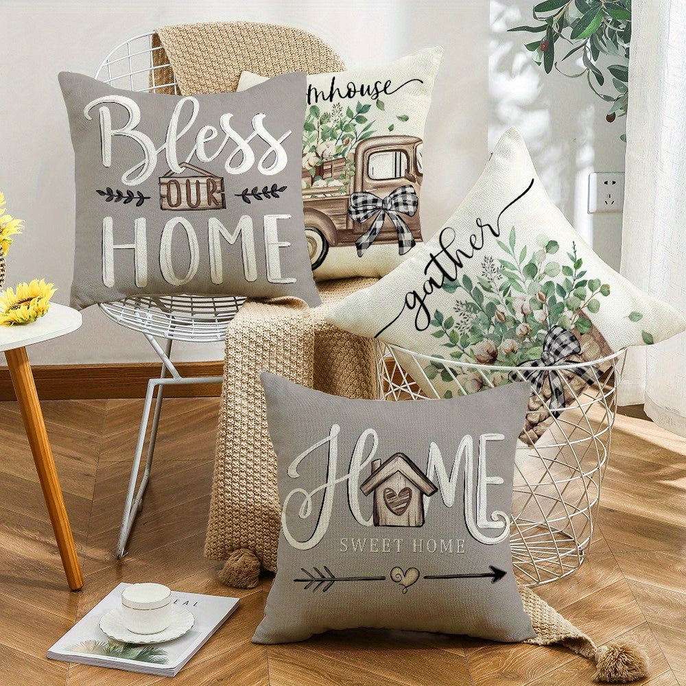 4pcs of plant and flower truck pattern design printed zipper pillowcase-double-sided polyester printed pattern zipper closed home decoration living room, bedroom and sofa home decoration (without pillow core)