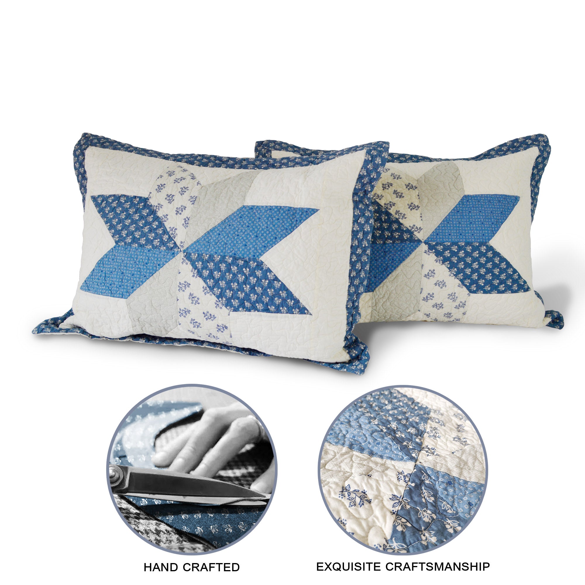 2pcs Blue Hand Stitch Finished Cotton Pillow Sham Set - Luxuries Floral Pattern - All Season Shabby Chic Country Bedding for Home, Cabin, RV, Guestroom and Bedroom