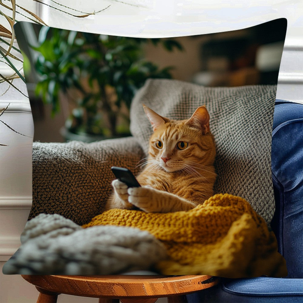 1pc Vintage-Style Throw Pillow Cover with Adorable Cat & Phone Design - Durable Polyester, Double-Sided Print, Zipper Closure, Machine Washable - Ideal for Living Room & Sofa Decor, Cat Decor