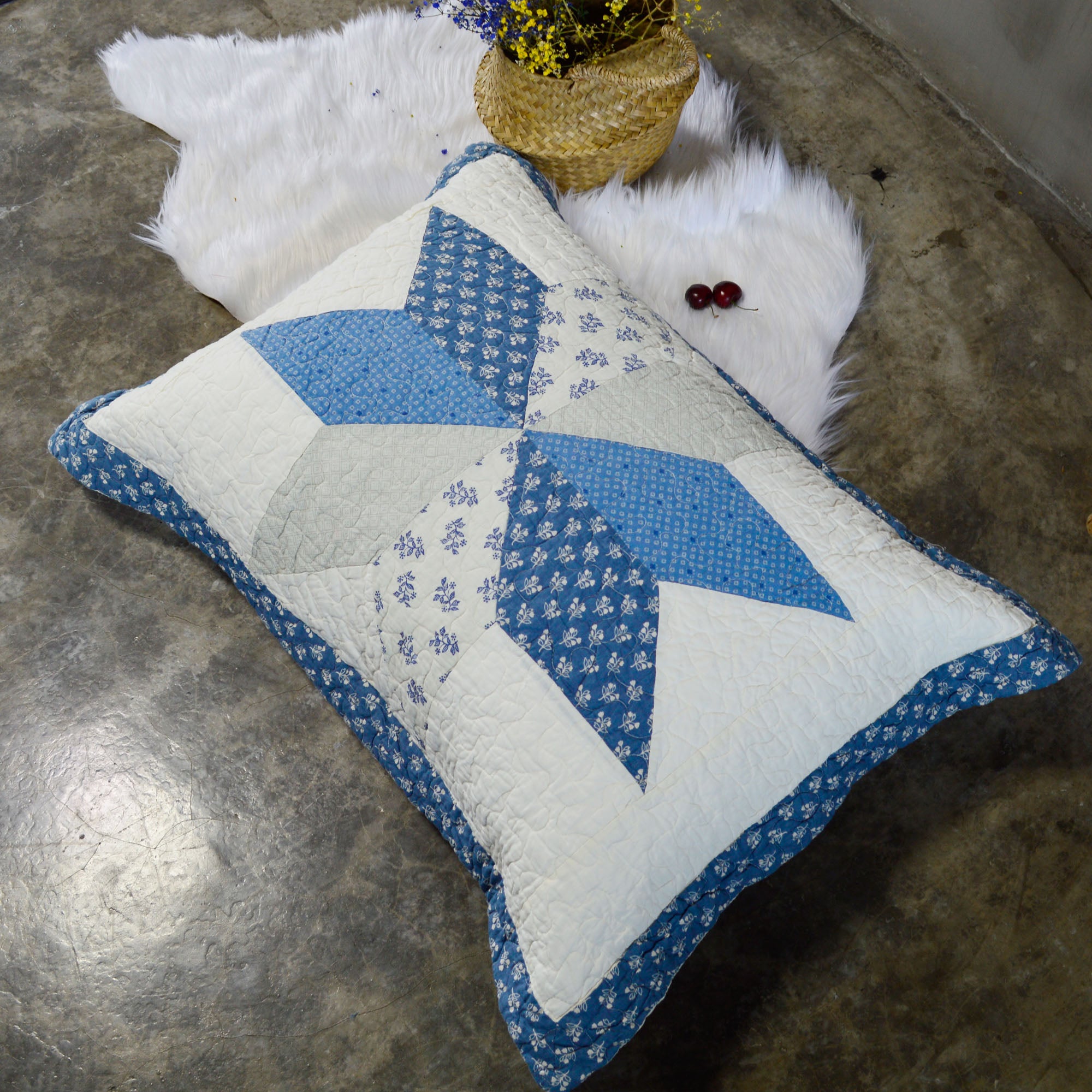 2pcs Blue Hand Stitch Finished Cotton Pillow Sham Set - Luxuries Floral Pattern - All Season Shabby Chic Country Bedding for Home, Cabin, RV, Guestroom and Bedroom