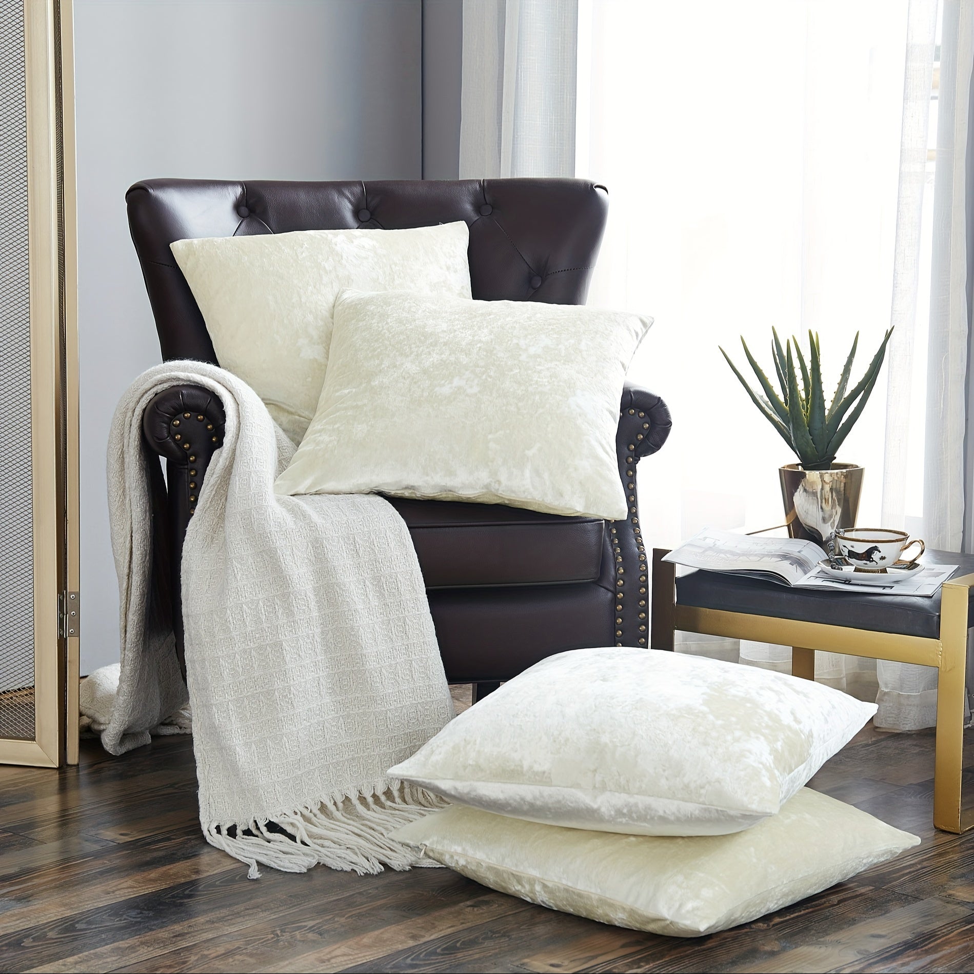 4pcs Crushed Velvet Fuzzy Soft Decorative Throw Pillow Covers Set With Double Sided (NO INSERT), Stylish Cushion Cover For Sofa Couch Chair Living Room Bedroom Decor