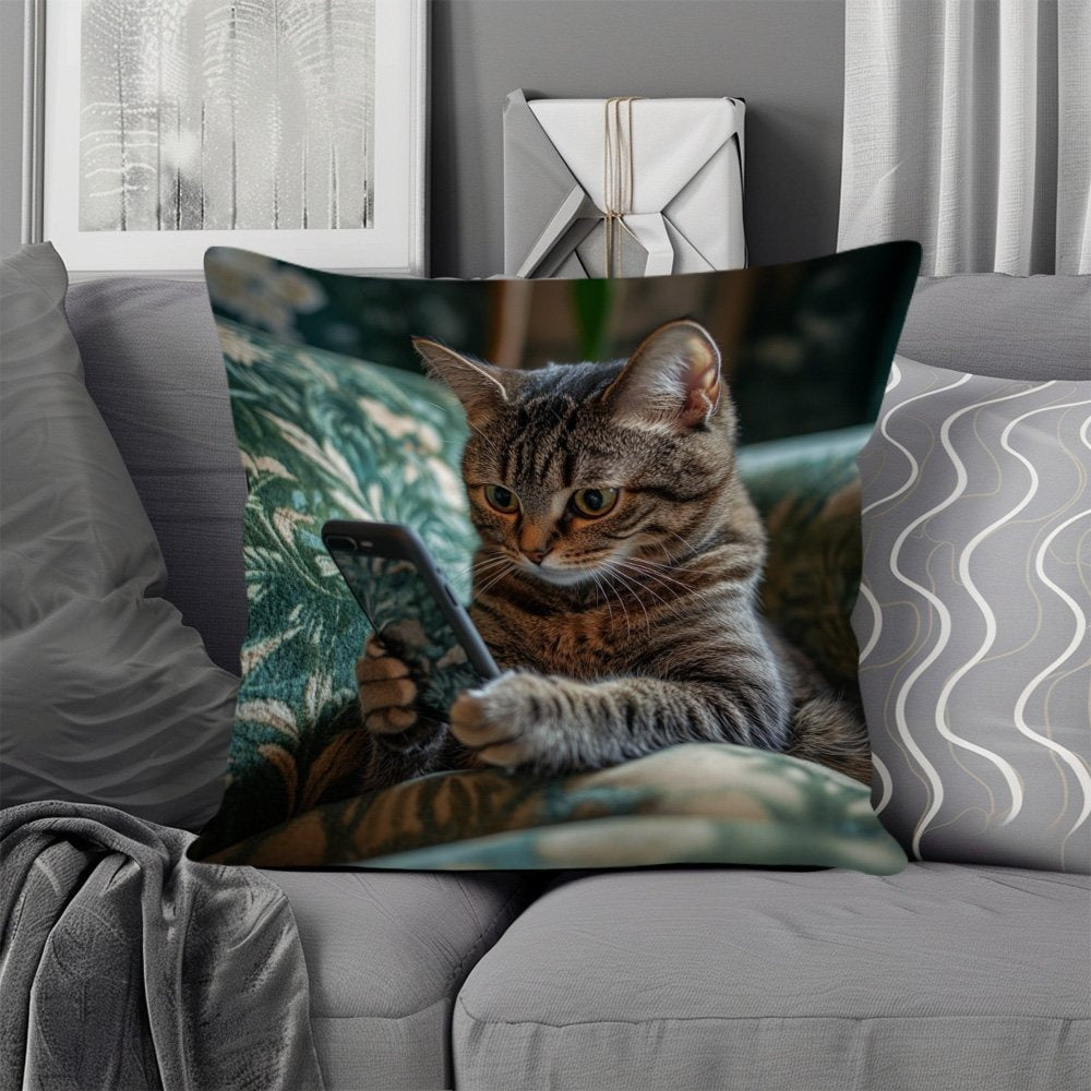 1pc Bohemian Style Dual-Sided Printed Pillowcase - Cute Cat Holding Smartphone Design, Durable Polyester with Zipper Closure, Machine Washable for Bed, Sofa & Living Room Decor