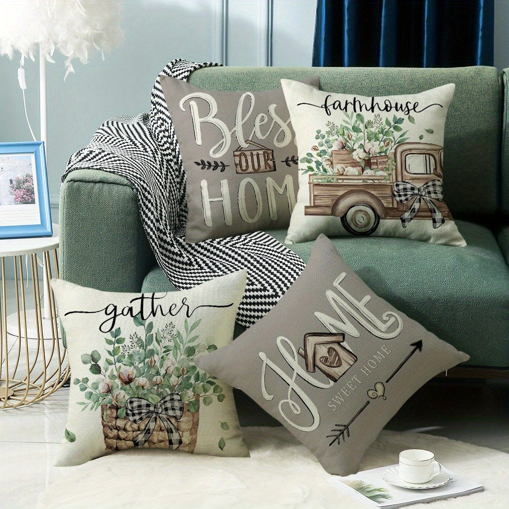 4pcs of plant and flower truck pattern design printed zipper pillowcase-double-sided polyester printed pattern zipper closed home decoration living room, bedroom and sofa home decoration (without pillow core)