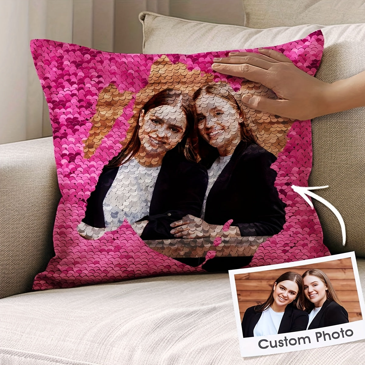 1pc Custom Sequin Pillow Cover, Personalized Photo Sequin Cushion Cover, Custom Sequin Decorative Pillowcase, Photo Pillowcase, Sequin Pillowcase, Father'S Day Gift, Mother'S Day Gift, Living Room Sofa Decoration Pillowcase, Photography Pillowcase,