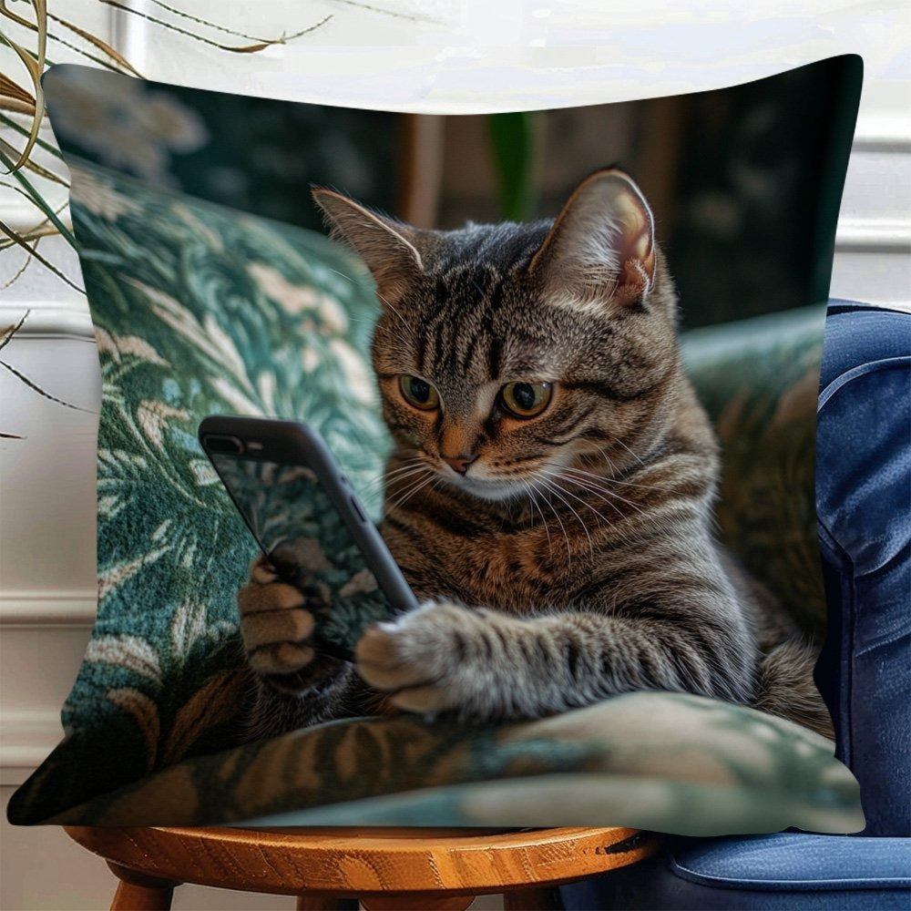 1pc Bohemian Style Dual-Sided Printed Pillowcase - Cute Cat Holding Smartphone Design, Durable Polyester with Zipper Closure, Machine Washable for Bed, Sofa & Living Room Decor