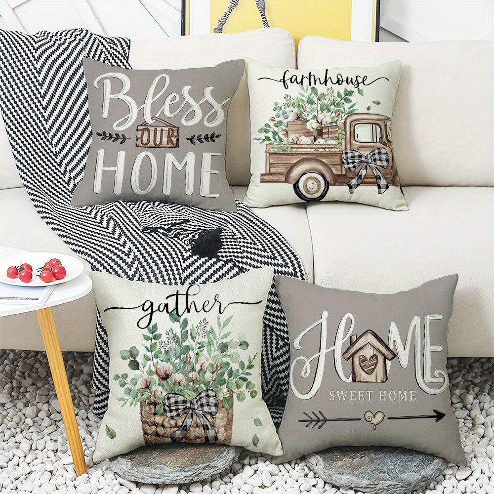 4pcs of plant and flower truck pattern design printed zipper pillowcase-double-sided polyester printed pattern zipper closed home decoration living room, bedroom and sofa home decoration (without pillow core)