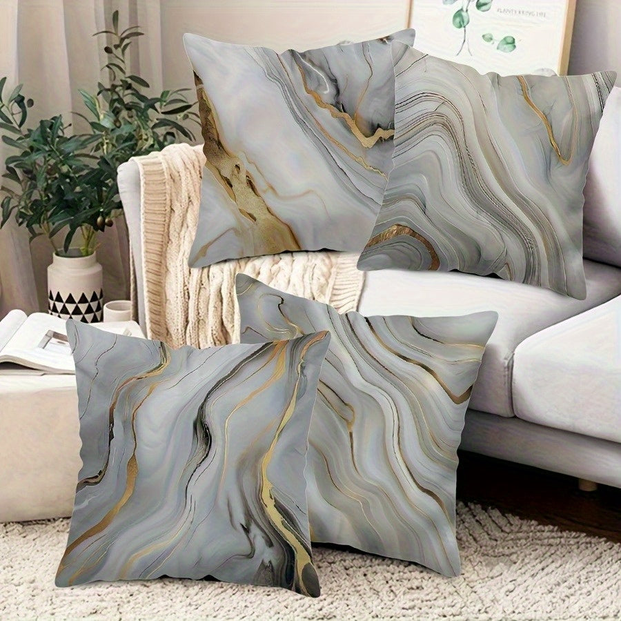 4pcs Double-Sided Printed Marble Geometric Pattern Pillow Covers - Soft Plush with Zipper Closure, Machine Washable, Multiple Sizes for Living Room, Bedroom, Sofa - Retro Home Decor, Pillow Covers for Living Room, Bedroom Accessories, Marble Pattern