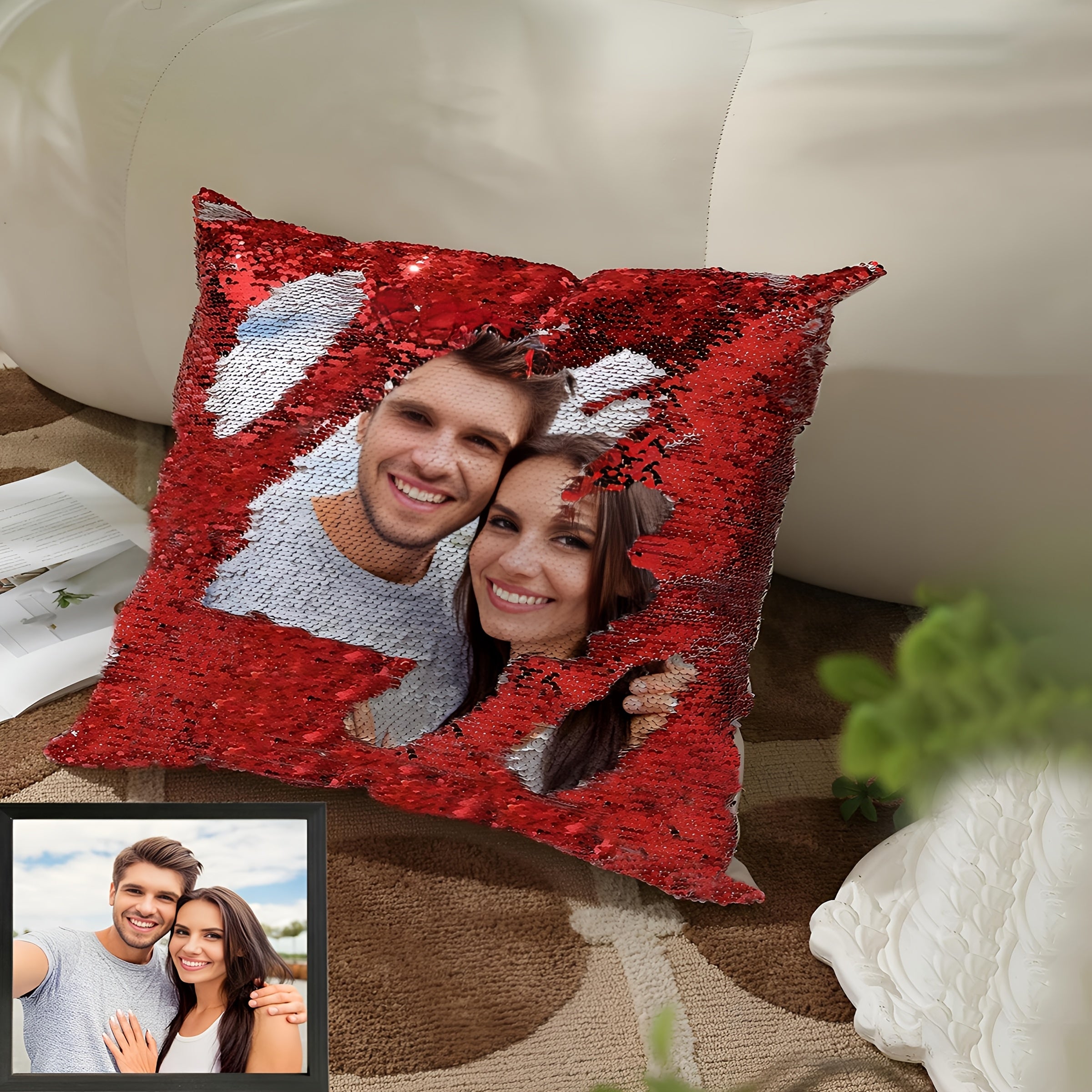 1pc Custom Sequin Pillow Cover, Personalized Photo Sequin Cushion Cover, Custom Sequin Decorative Pillowcase, Photo Pillowcase, Sequin Pillowcase, Father'S Day Gift, Mother'S Day Gift, Living Room Sofa Decoration Pillowcase, Photography Pillowcase,