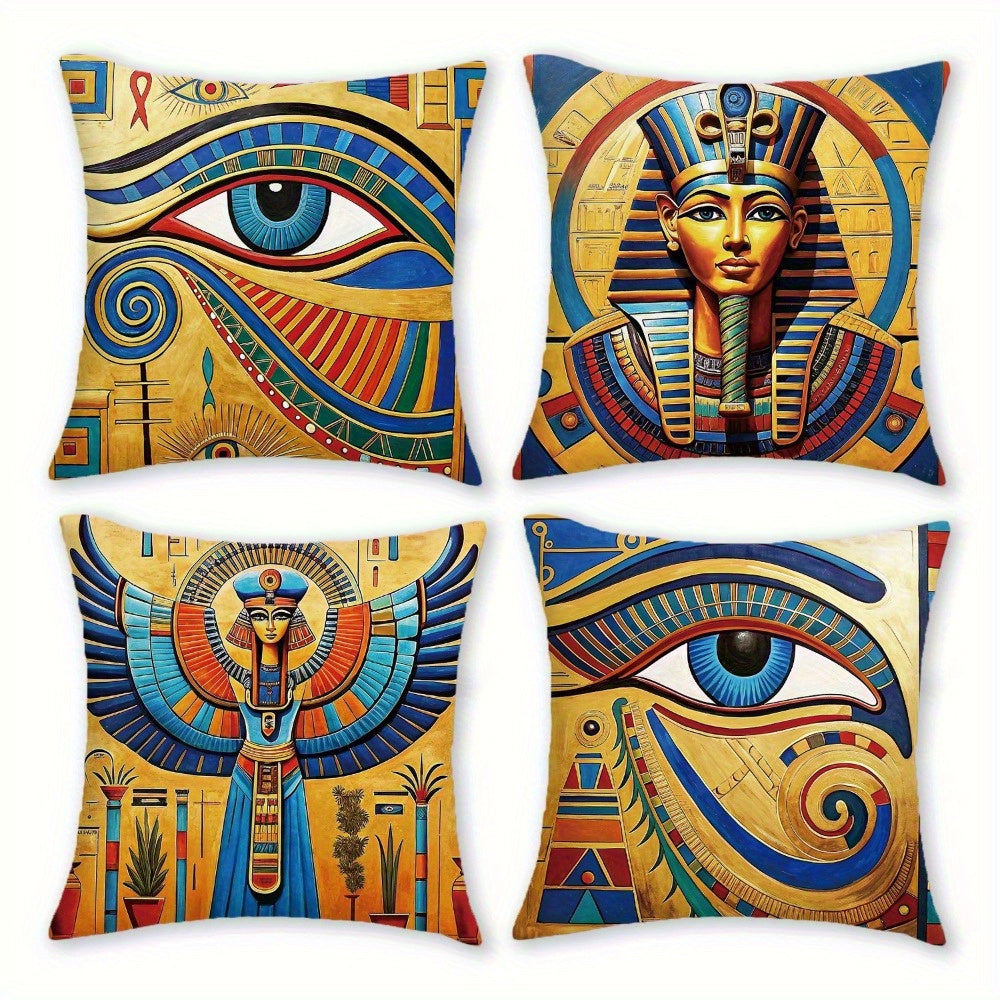 4pcs Egyptian-Themed Decorative Pillow Covers - Double-Sided Printed Polyester with Zipper Closure, Vibrant Ancient Art Designs (Eyes of Horus, Tutankhamun) for Living Room, Bedroom & Sofa Decor - Machine Washable, Pillow Covers for Living Room, Bedroom