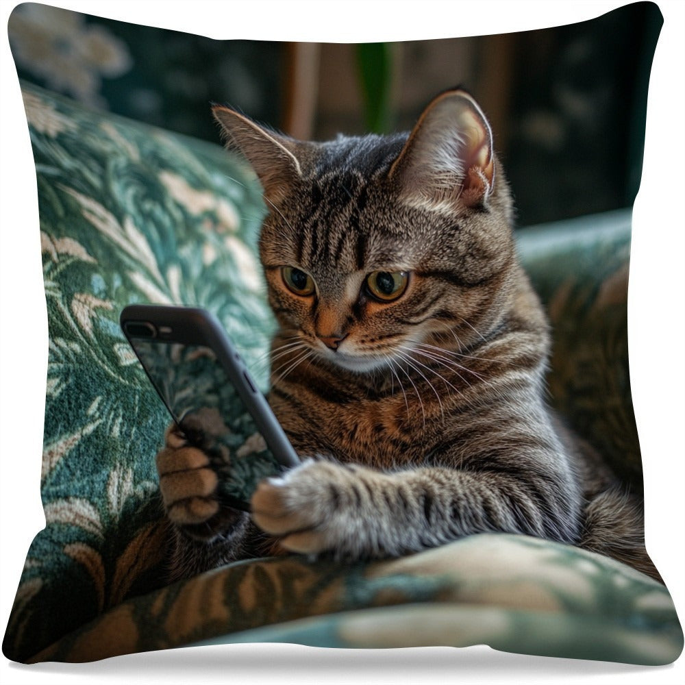 1pc Bohemian Style Dual-Sided Printed Pillowcase - Cute Cat Holding Smartphone Design, Durable Polyester with Zipper Closure, Machine Washable for Bed, Sofa & Living Room Decor