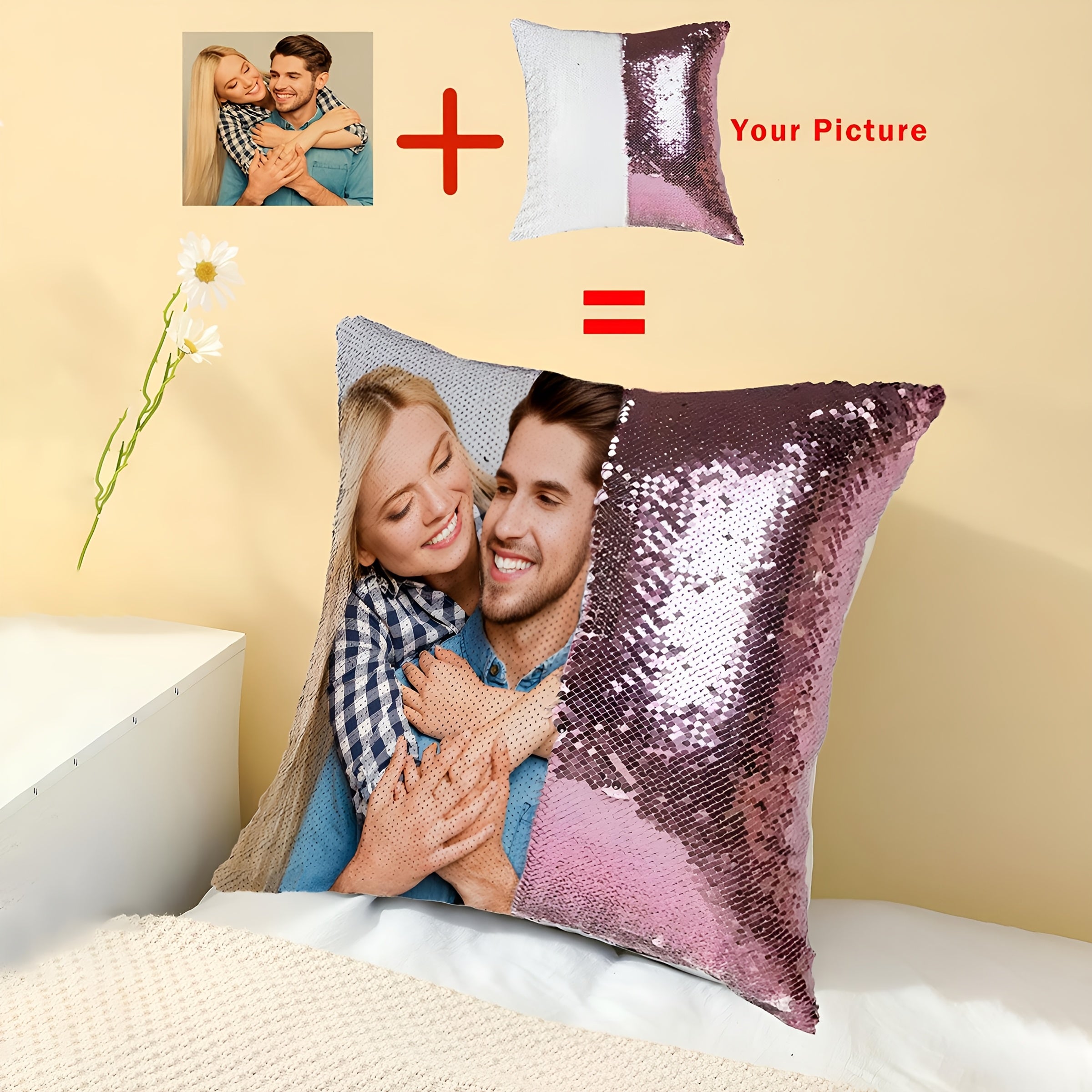 1pc Custom Sequin Pillow Cover, Personalized Photo Sequin Cushion Cover, Custom Sequin Decorative Pillowcase, Photo Pillowcase, Sequin Pillowcase, Father'S Day Gift, Mother'S Day Gift, Living Room Sofa Decoration Pillowcase, Photography Pillowcase,