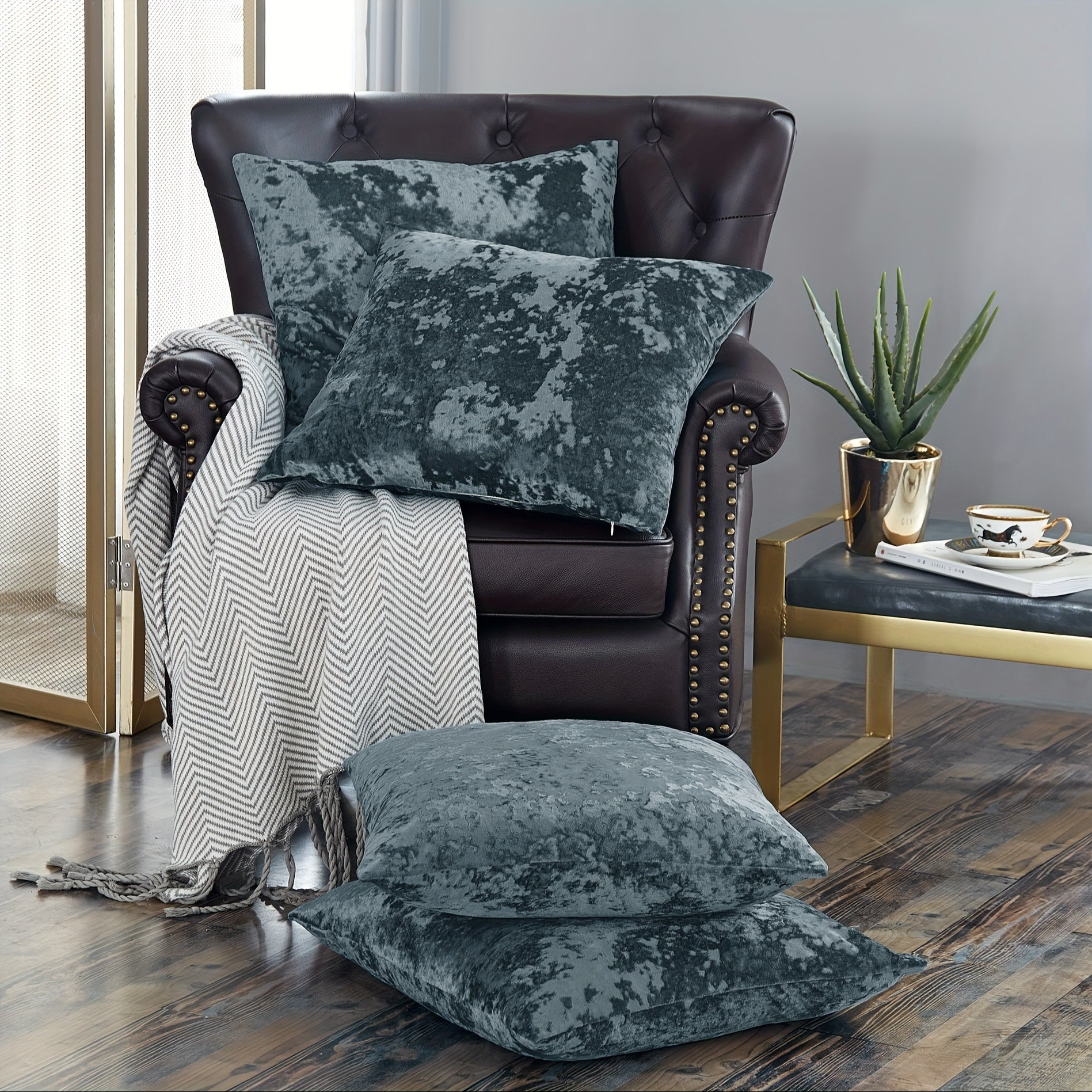 4pcs Crushed Velvet Fuzzy Soft Decorative Throw Pillow Covers Set With Double Sided (NO INSERT), Stylish Cushion Cover For Sofa Couch Chair Living Room Bedroom Decor