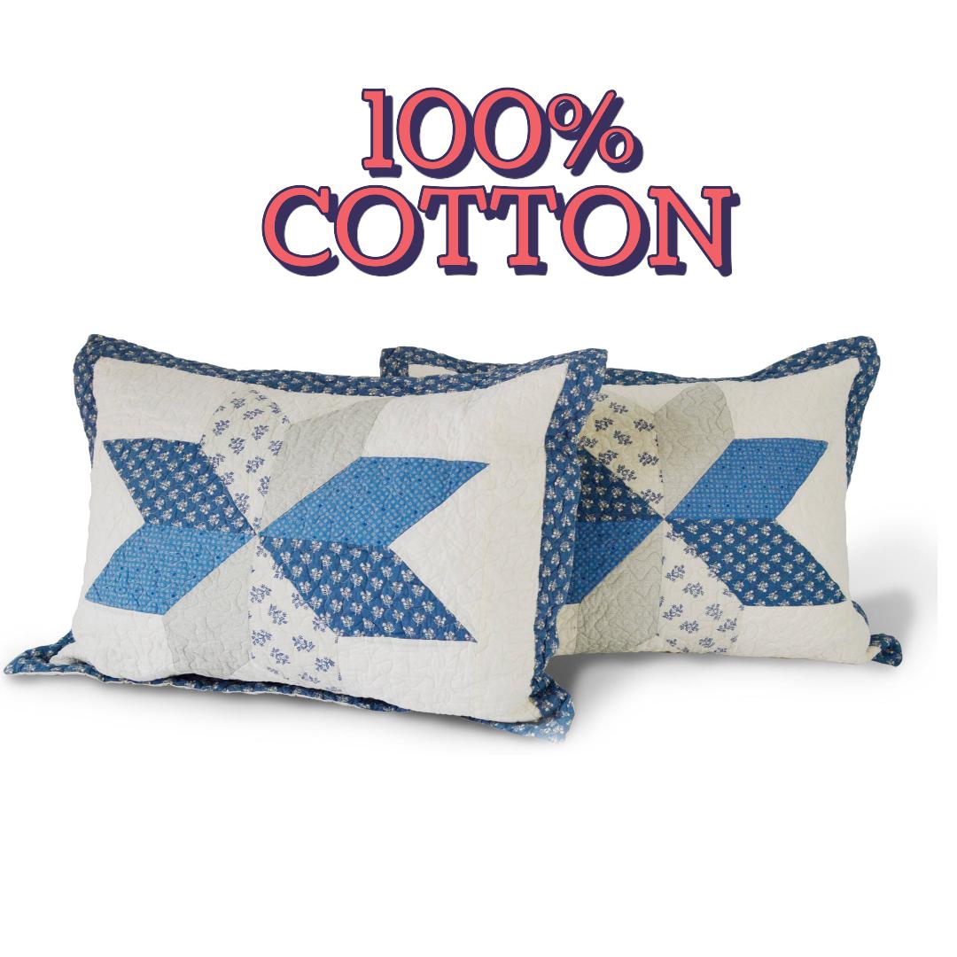 2pcs Blue Hand Stitch Finished Cotton Pillow Sham Set - Luxuries Floral Pattern - All Season Shabby Chic Country Bedding for Home, Cabin, RV, Guestroom and Bedroom