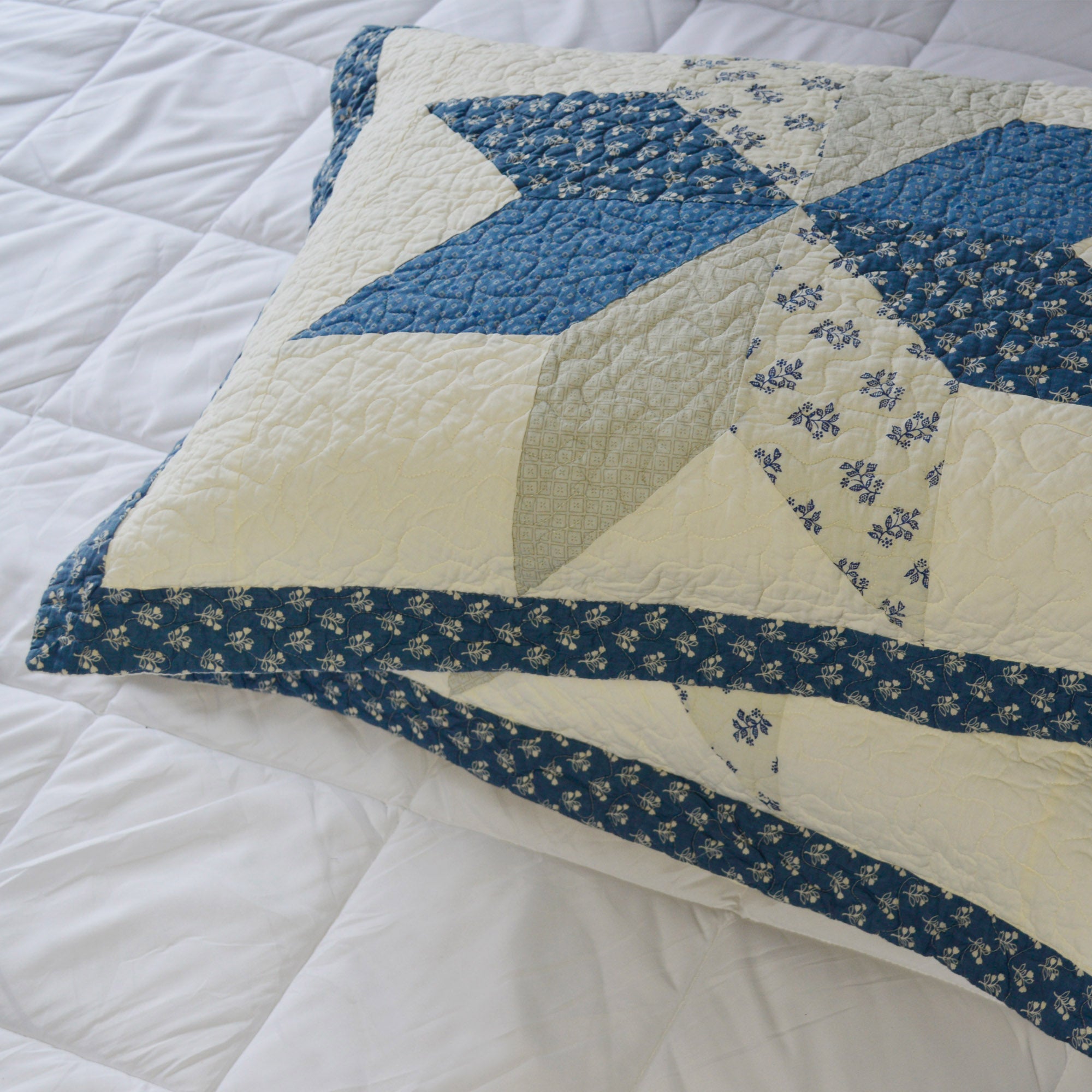 2pcs Blue Hand Stitch Finished Cotton Pillow Sham Set - Luxuries Floral Pattern - All Season Shabby Chic Country Bedding for Home, Cabin, RV, Guestroom and Bedroom