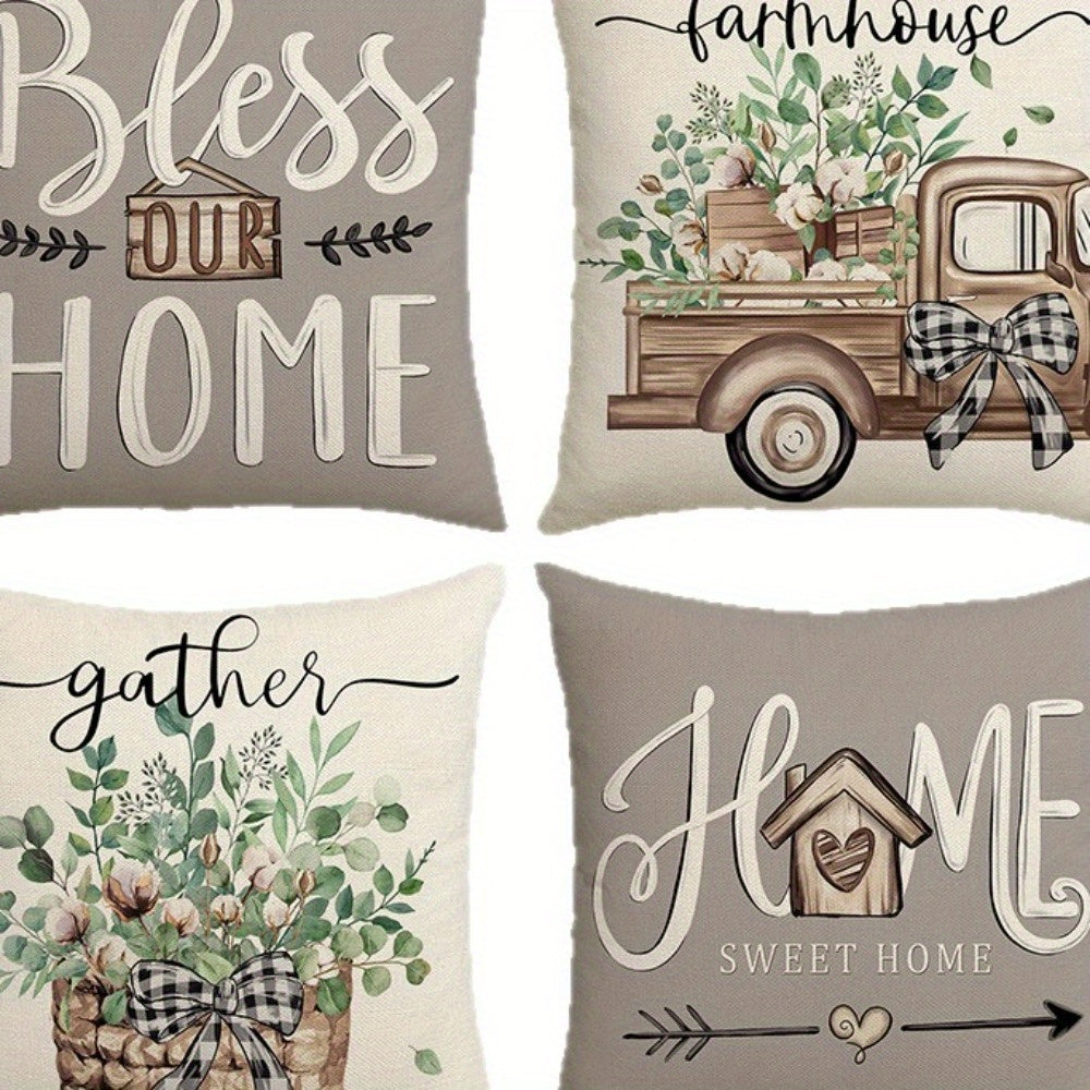 4pcs of plant and flower truck pattern design printed zipper pillowcase-double-sided polyester printed pattern zipper closed home decoration living room, bedroom and sofa home decoration (without pillow core)